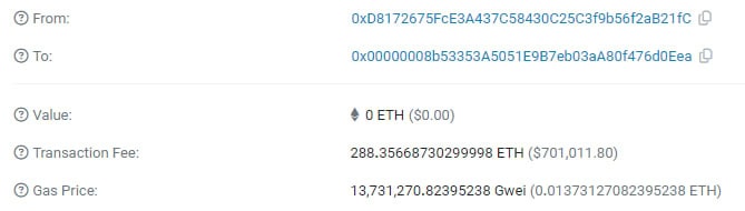 
			Неизвестный заплатил около $701 000 комиссии в Ethereum за транзакцию		